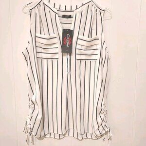 Cocoma WOMAN U.S.A 1X Sleeveless White Black Stripe Women's Plus Blouse Shirt